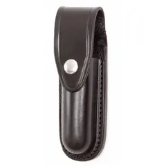 This duty equipment pouch is made of black leather with a basket weave finish and features a snap closure. It is designed to hold a standard flashlight, providing secure storage and quick access for security, law enforcement, or industrial use.