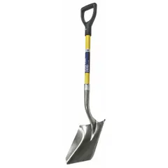Steel scoop shovel with a #2 blade size, 9-1/2 in blade width, and 14 ga gauge. Square point design for moving loose materials such as grain, sand, or snow in light to medium industrial or agricultural tasks.