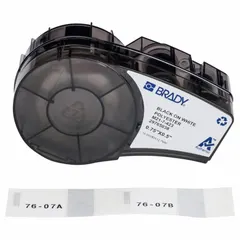 Acrylic, permanent adhesive labels on a thermal transfer precut roll cartridge. Contains 140 labels, each 1/2 in x 3/4 in. Halogen-free material. Compatible with M210 printer series. Used for asset identification, cable marking, and component labeling in industrial settings.