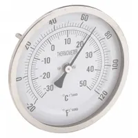 This dial thermometer features a back-mount fixed-angle thread-mount design for permanent installation. It measures temperatures from -20°F to 120°F / -30°C to 50°C with ±1% accuracy and has a 4-inch stem length. Typical applications include temperature monitoring in HVAC, refrigeration, and process piping systems