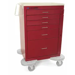 This steel medical supply cart features a red cabinet and red drawers, configured with two swivel casters and two swivel casters with brakes. It is used for organizing and transporting medical supplies, instruments, and medications in healthcare settings.
