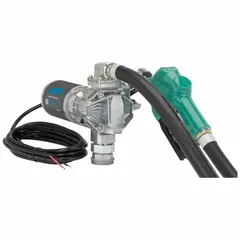 This bung-mount DC-powered fuel transfer pump operates on 12 V DC with a 2/5 hp motor, delivering a maximum flow rate of 20 gpm. Constructed of aluminum, it includes a hose and nozzle for transferring non-aggressive fuels from drums or tanks. No meter is included.