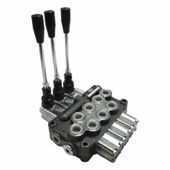 This four-way, three-position manual spool monoblock valve features a Tandem Center configuration and spring-centered return to neutral. It is used for directional control of hydraulic fluid in mobile and industrial equipment such as loaders, lifts, and agricultural machinery.