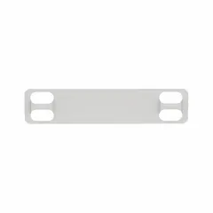 Rectangular marker plate for use in label stamping presses to produce identification tags. Made from 316 stainless steel, 0.01 in thick, with dimensions 3/4 in x 3-1/2 in and four mounting holes. Suitable for industrial environments requiring corrosion resistance.