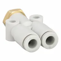 This SMC push-fit wye fitting is made of polybutylene and brass, designed for branching or combining pneumatic tubing lines. It accommodates 4 mm OD tubes and a 5 mm pipe, with an overall length of 33 29/32 mm. Suitable for use in pneumatic systems requiring compact, leak-free connections
