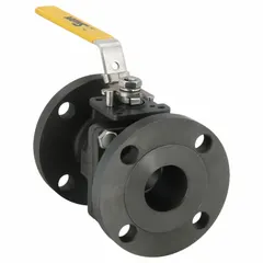 This SHARPE ball valve is a straight, two-piece carbon steel valve with Class 150 flange connections. It features a polymer seat and a locking lever handle for manual on/off flow control. Suitable for industrial piping systems handling liquids, gases, or steam.