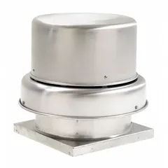 This direct-drive roof exhaust fan is assembled with a square base and includes a drive package. It features a 16 3/4-inch wheel and a 1/4 hp, 115V AC, open dripproof, standard-efficiency, single-speed motor. Designed for clean air ventilation, it delivers exhaust airflow from 2,000 to 4,999 cfm at 0.000 in SP and 0 to 1,999 cfm at 0.500 in SP, suitable for low-static-pressure applications.