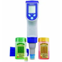 This pocket multiparameter tester is configured for pH measurement and includes a pH electrode with automatic temperature compensation (ATC). It also measures temperature. The kit comes with (4) AAA batteries, a carrying case, and soaking solution. Suitable for water quality testing in field or laboratory settings.