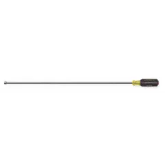 Straight fastener-holding nut driver with a round shank and magnetized tip. Designed for SAE hex fasteners. The hollow shank accommodates long threaded rods, and the magnetized tip secures fasteners during installation. Tip size: 1/4 in.