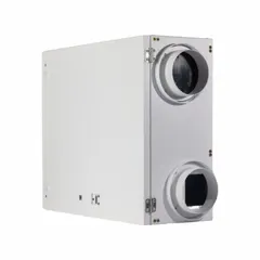 Residential energy-recovery ventilator with fixed plate core, delivering 145 cfm at 0.400 in SP and 84% max efficiency. Operates on 120V AC with plug-in connection, variable speed control, and exhaust-only defrost. Used to exchange stale indoor air with fresh outdoor air while recovering heat and moisture.