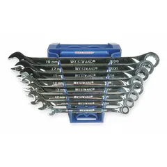 This set includes 8 metric combination wrenches with 12-point ratcheting box ends, covering head sizes from 8 mm to 19 mm. The wrenches are made of alloy steel with a chrome finish and come with a storage rack. Suitable for tightening and loosening metric fasteners in automotive, machinery, and industrial applications.
