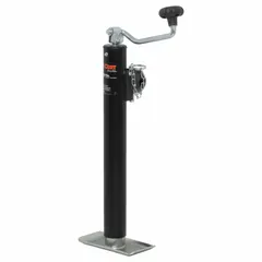 This CURT trailer jack is a topwind, weld-on model with a 31-inch maximum lift height and a 2,000 lb static load capacity. It features a foot plate base and is designed for mounting directly onto trailer frames. Used for lifting and supporting trailer tongues during coupling, uncoupling, or leveling.