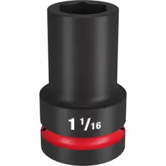 This 1" drive deep impact socket features a 1-1/16" SAE hex size with a 6-point configuration. The friction ring retention design secures the socket on impact tools during high-torque fastening and loosening. Suitable for heavy-duty applications on industrial equipment, automotive repair, and construction machinery.