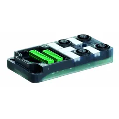 Passive sensor junction block with 4 ports, each featuring a 4-pole M12 female connector rated at 4 A. Housed in plastic with IP67 protection, it is designed for use with a 9-pole screw terminal cap. Used to consolidate multiple sensor signals in industrial automation environments.