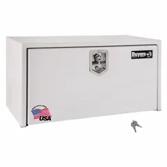 This single drop-down door box is constructed from white steel and features a keyed lock for security. Designed for underbody mounting on vehicles, it provides weather-resistant storage for tools and equipment during transport.