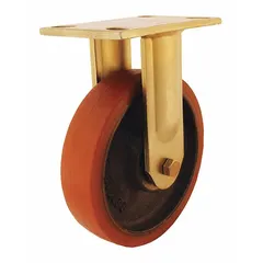 This rigid plate caster has an 8-inch diameter and 2-inch wide polyurethane wheel with ball bearings for heavy-duty applications. It is designed for straight-line movement on carts, assembly equipment, and machinery in industrial environments.
