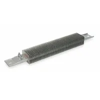 TEMPCO finned strip heater rated 725 W at 120V AC, single phase, with an overall length of 10 1/2 inches. Features parallel terminals and a watt density of 35 W/sq in. The finned design enhances heat transfer in forced-air or convection applications such as ovens, drying cabinets, and packaging equipment