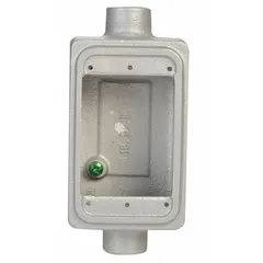 Rectangular iron weatherproof electrical box with 18 cubic inch capacity, designed for one gang and a 3/4-inch hub. Gray finish. Suitable for housing wiring connections, switches, or outlets in outdoor or harsh environments where protection from moisture and corrosion is required.