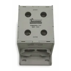 This finger-safe power distribution block from BUSSMANN features lug-to-lug connections for copper conductors. It accepts line side wire sizes from 6 AWG to 500 kcmil and is designed for surface mounting. Suitable for use in industrial control panels and switchgear to distribute power to multiple branch circuits.