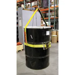Polyester drum lifting sling for metal drums with a 24 in diameter. Vertical configuration with body grip location. Rated for 300 lb capacity. Yellow color.