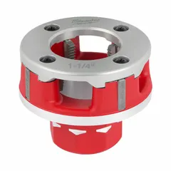 Die head for handheld pipe threaders, designed for 1 1/4 in pipe. Cuts NPT threads with right-hand orientation. Constructed from alloy for threading steel or alloy pipe in plumbing and piping applications.