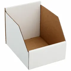 This light-use cardboard shelf bin measures 8 1/4 in x 8 1/2 in with an overall length of 11 inches. It is white and contains 30-45% recycled content. The bin is not electrostatic discharge conductive and does not include dividers. Suitable for organizing small parts, supplies, or documents on shelves or workbenches in warehouses, offices, and light industrial settings.
