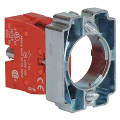 This contact block features a normally closed (1NC) momentary switch action with screw clamp terminals. It is designed for panel mounting in industrial control circuits, such as emergency stop or safety interlock applications requiring a momentary break contact.