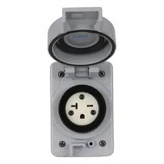 Single weather-resistant straight blade receptacle rated 20A at 250V AC, NEMA 6-20R configuration, 2-pole/3-wire grounding. Gray nylon housing resists moisture and UV exposure for outdoor or damp location use.