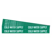 Green pipe markers with white legend text reading 'Cold Water Supply'. Each marker fits pipe outer diameters from 3/4 to 2-3/8 inches. Pack includes 4 markers without arrows, sold in a 5-pack. Used to identify cold water supply lines in piping systems