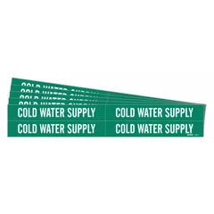 Green pipe markers with white legend text reading 'Cold Water Supply'. Each marker fits pipe outer diameters from 3/4 to 2-3/8 inches. Pack includes 4 markers without arrows, sold in a 5-pack. Used to identify cold water supply lines in piping systems.