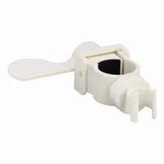 Plastic shower head holder with satin finish, designed as a slide bar mount for handheld showerheads. Features a 1-1/2 in connection size and 1-3/4 in overall height. Used to secure a handheld showerhead at a desired position on a slide bar in residential or commercial bathroom installations.