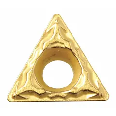 This triangle (T) indexable turning insert is made of carbide and features the TPMT geometry. It is used for turning, facing, and profiling operations on lathes in general machining applications.