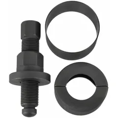 A puller designed for removing power steering pulleys from steering pumps. Used in automotive repair and maintenance for servicing hydraulic steering systems on vehicles and industrial machinery.
