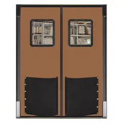 This 2-door insulated swinging door is constructed of brown polyethylene with a polycarbonate window. It measures 7 ft wide by 8 ft high and meets USDA standards. The door includes seals, bumpers, and mounting hardware for installation in temperature-controlled environments.