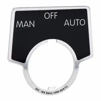 Half-round legend plate for push-button stations, with a 2 in overall height and 1 3/4 in overall width. Features a black and silver metallic aluminum construction with a notch design and 'Man-Off-Auto' legend in English. Used to label switch functions in industrial control panels
