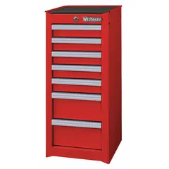 This light-duty side cabinet from WESTWARD features 7 red drawers with ball bearing slides for smooth operation. It uses a padlock locking system to secure contents. Suitable for organizing tools and small parts in workshops, garages, or maintenance areas. Dimensions: 15 1/2 in width, 18 1/16 in depth, 33 13/16 in height.