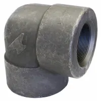 This 90° elbow is a threaded high-pressure pipe fitting made of steel, with 1/4 in female NPT connections on both ends. It is used to change direction in piping systems for fluid, gas, or steam applications