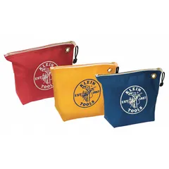 Set of three canvas flat zippered tool bags in blue, red, and yellow. Each bag measures 10 inches wide by 3 1/2 inches deep by 8 inches high with no inside pockets. Suitable for organizing and carrying hand tools, small parts, and accessories on job sites.