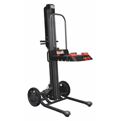 This modular platform lift truck combines electric lifting with manual push operation. It features a steel frame, an 18 x 18 inch platform, and overall dimensions of 36 x 33 x 60 inches. Used in industrial and warehouse settings for lifting and transporting loads up to 350 lb to a comfortable working height.