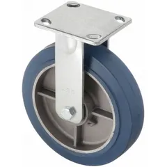 Rigid plate caster with an 8-inch diameter rubber wheel, 2-inch wheel width, and 9 1/2-inch mounting height. No brake. Suitable for straight-line movement in material handling applications such as carts, racks, and equipment in warehouses and factories.