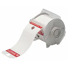 Roll of 100 pre-cut polyester danger tags, each 3 1/4 in x 5 1/4 in, with a white gloss finish. Suitable for indoor and outdoor use. Compatible with GlobalMark printer series; requires recommended ribbon 76739. Used for hazard identification on equipment, pipes, and barriers.