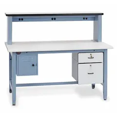 This PRO-LINE workstation features a laminate surface measuring 60 inches by 36 inches and an overall load capacity of 5,000 lb. It includes integrated power and storage options, suitable for assembly, testing, and maintenance tasks in industrial environments.