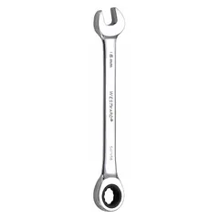 This metric 12-point ratcheting combination wrench is constructed from alloy steel with a chrome finish. It features a 16 mm head size and an overall length of 8 1/8 inches, with a standard rounded-end design. Suitable for general fastening tasks such as tightening or loosening nuts and bolts.
