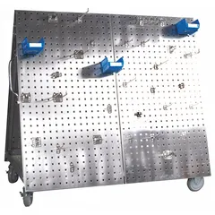 This A-frame mobile pegboard rack kit is constructed of stainless steel with a silver finish. It features 3/8 in peg holes for hanging tools and components. The unit includes two rigid casters and two swivel casters for mobility. Typical applications include organizing tools and parts in workshops, warehouses, and maintenance areas.