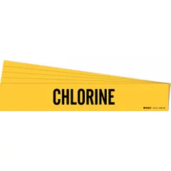 Yellow adhesive pipe marker with black legend text reading 'Chlorine'. Designed for pipes with an outer diameter of 8 inches and larger. Each pack contains 5 markers, each without directional arrows. Used to identify chlorine piping in industrial facilities.