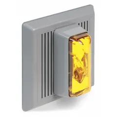 Wall-mount horn alarm with strobe light for audible and visual signaling. Operates at 120V AC. Measures 5 1/2 in wide, 5 1/2 in long, and 5/8 in high. Connects via wire leads. Suitable for fire or emergency alert systems in commercial and industrial settings.