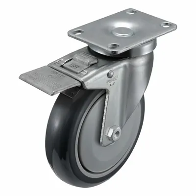 PEMCO Plate Caster: Swivel, Total Lock, Polyurethane, 5 in Wheel Dia, 1 1/4 in Wheel Wd - Low-Profile Easy-Turn Light-, Medium- & Heavy-Duty Plate Casters