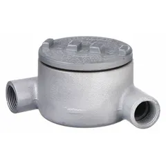 Iron conduit outlet body with triple-coat epoxy coating, 1 in trade size, threaded female hubs, and round back. Includes cover and grounding screw. For use with threaded IMC in hazardous locations. UL 886 listed.