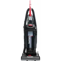 Corded upright vacuum with HEPA bagless filtration and a brushed motor. Delivers 135 cfm air flow. Features a 7-position head height adjustment, onboard hose, and includes a crevice tool. Suitable for cleaning carpets and hard floors in commercial or residential settings