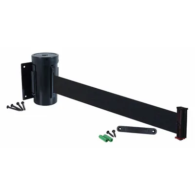 RETRACTA-BELT Wall-Mount Retractable Belt Barrier, 10 ft Black Belt, Black Frame - Wall-Mount Retractable Belt Barriers